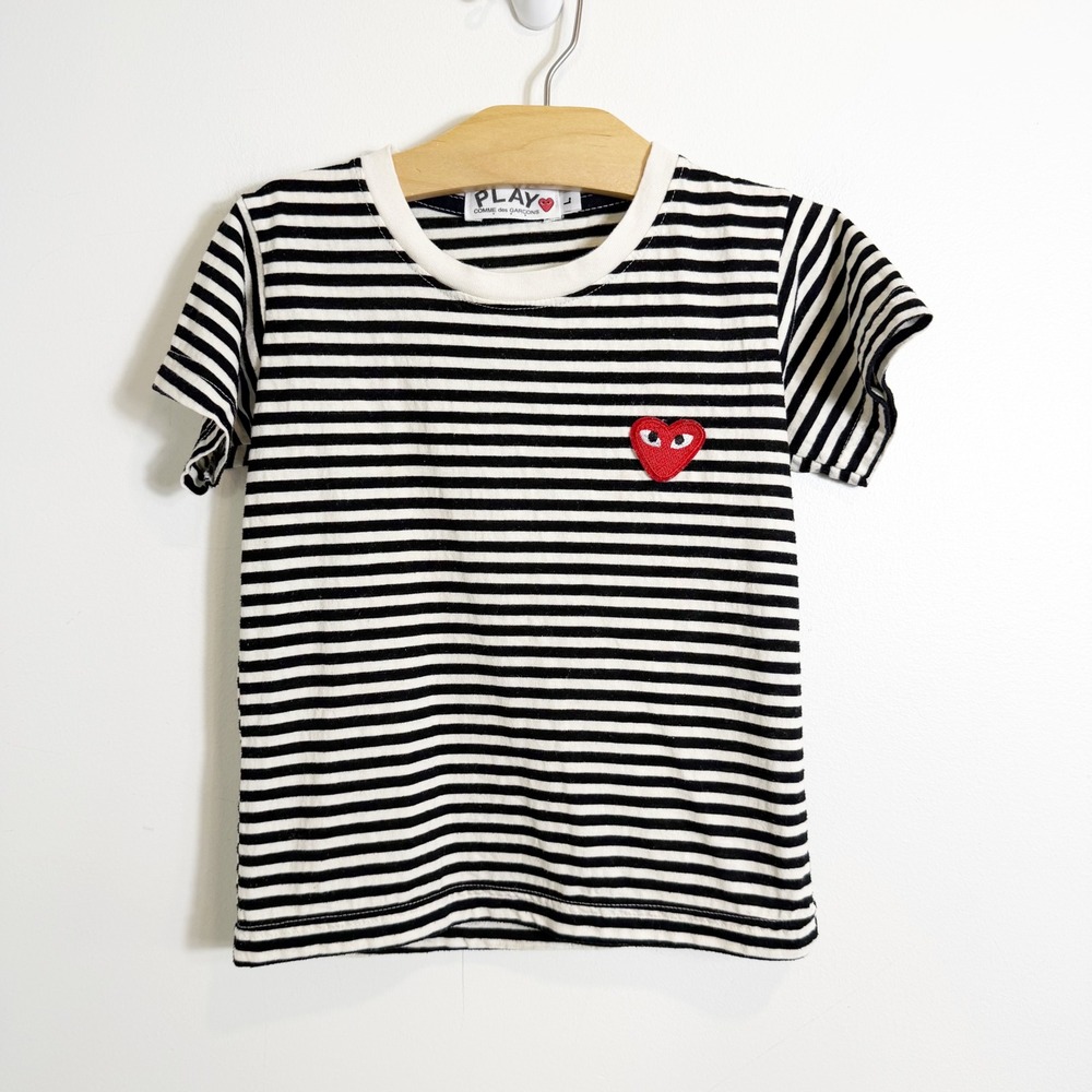 Comme des Garcons Play T-Shirt Boys 5 Black White Striped Heart Logo Tee